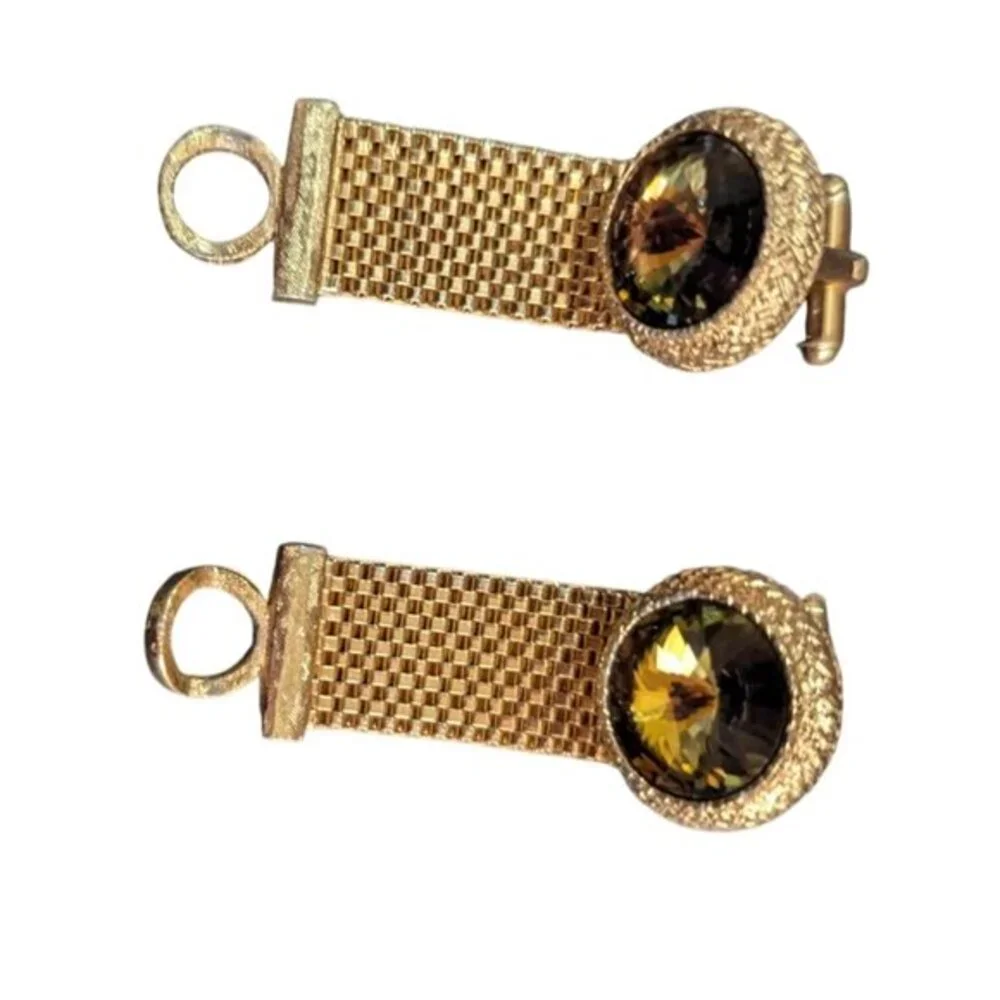 Dante Vintage Gold Tone Mesh Wrap‎ Around Cufflinks Smoky Topaz Crystal 1960s